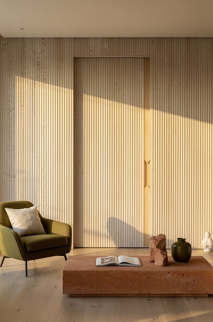 Wrap the doorway in continuous reeded walnut