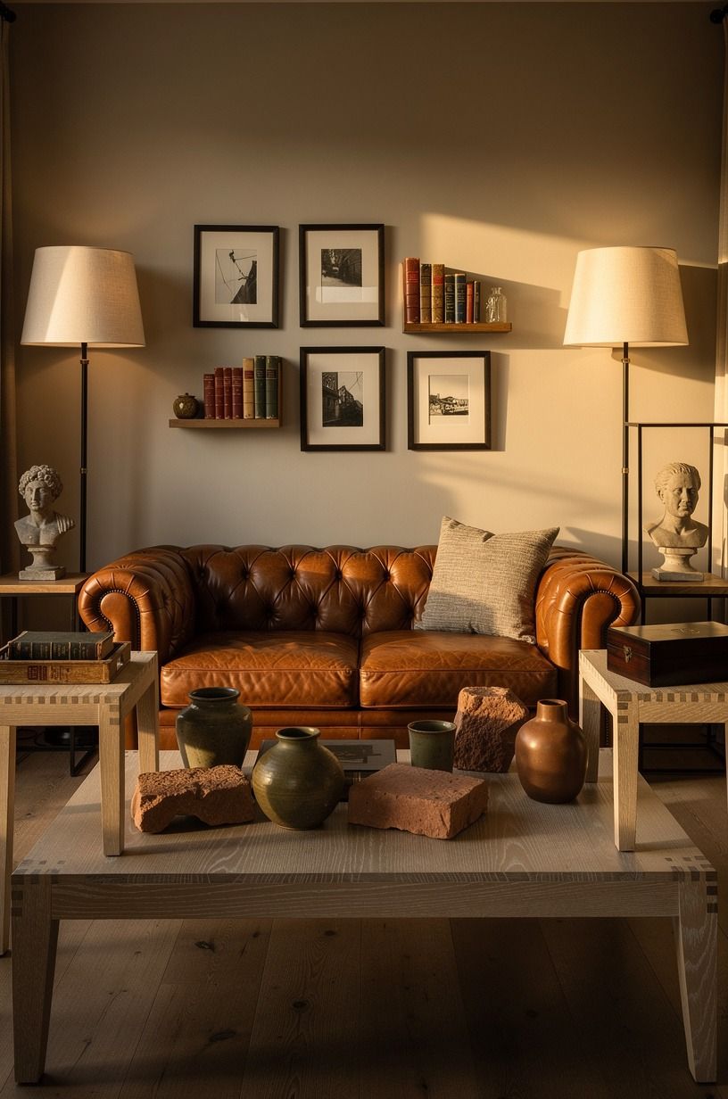 Anchor the room with a tufted leather sofa