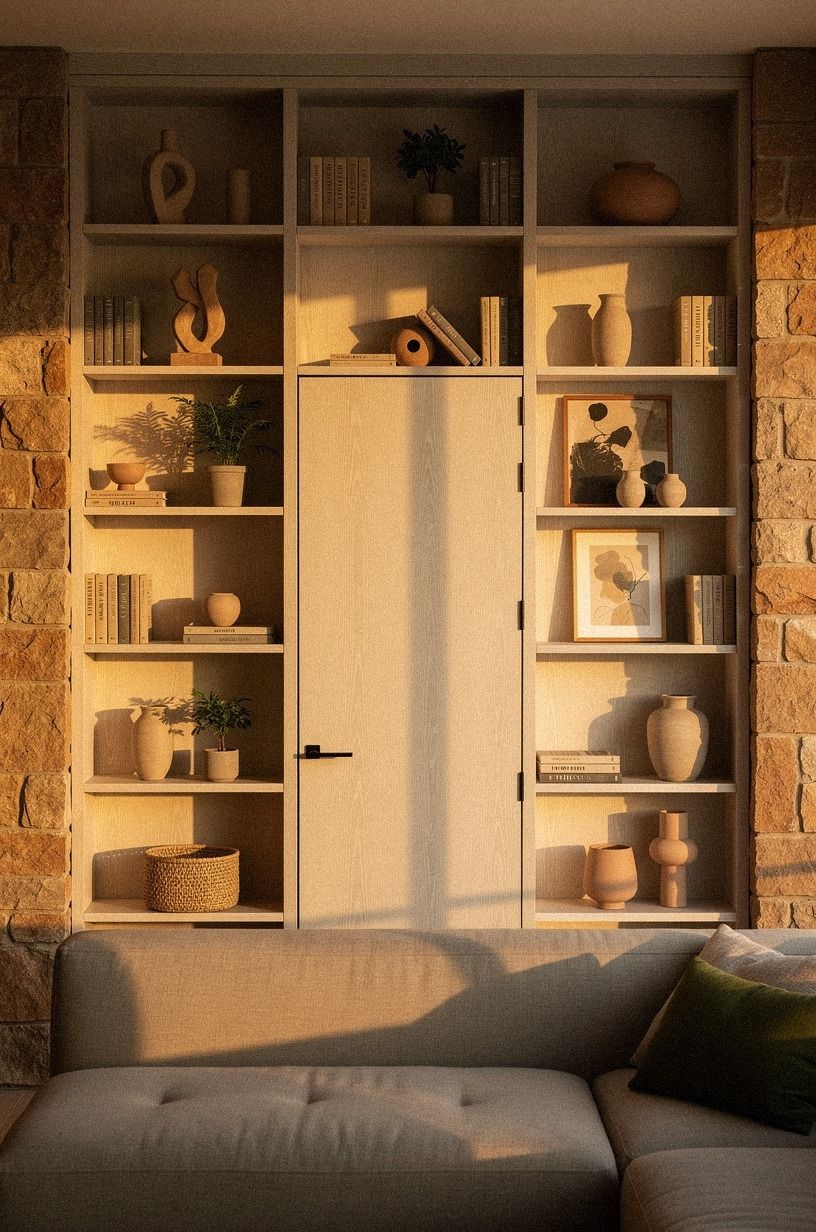 Start with the bookcase wall beside the sofa