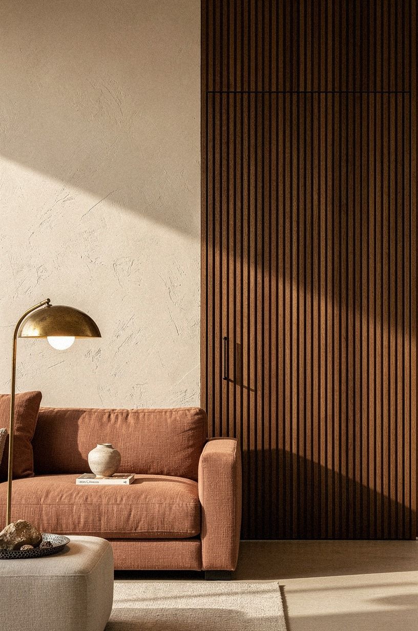 Align narrow walnut slats across the seam