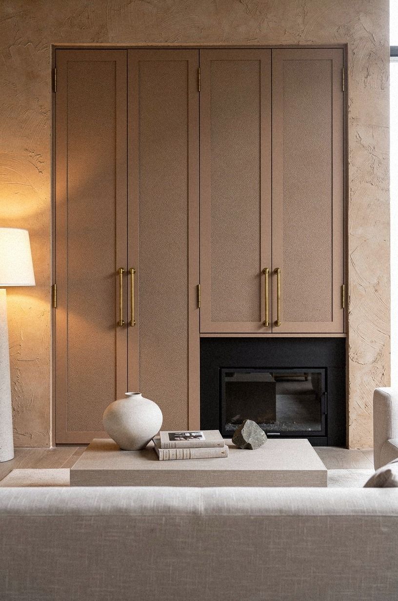 Choose flat cabinet doors beside the fireplace