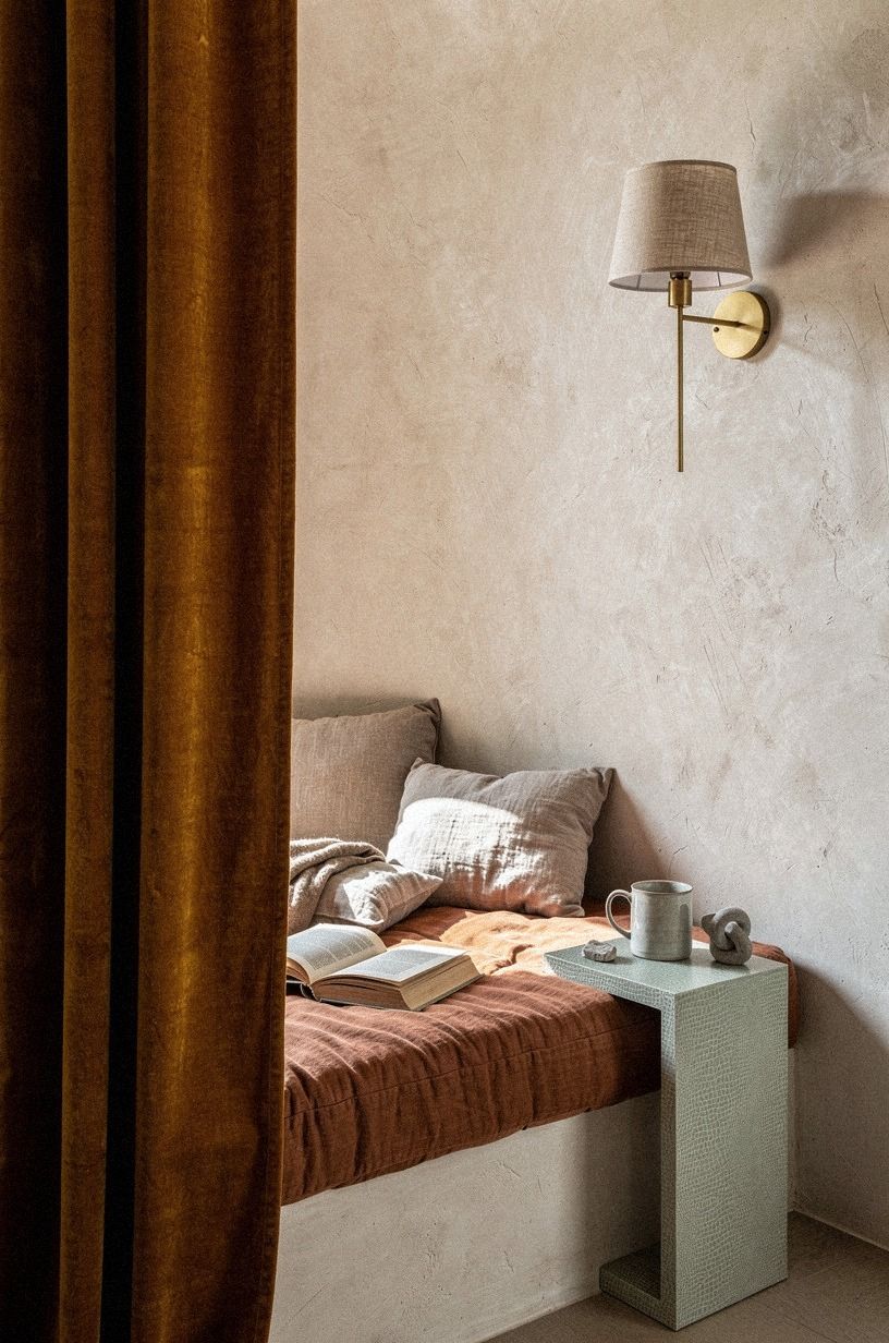 Line the hidden nook with caramel velvet