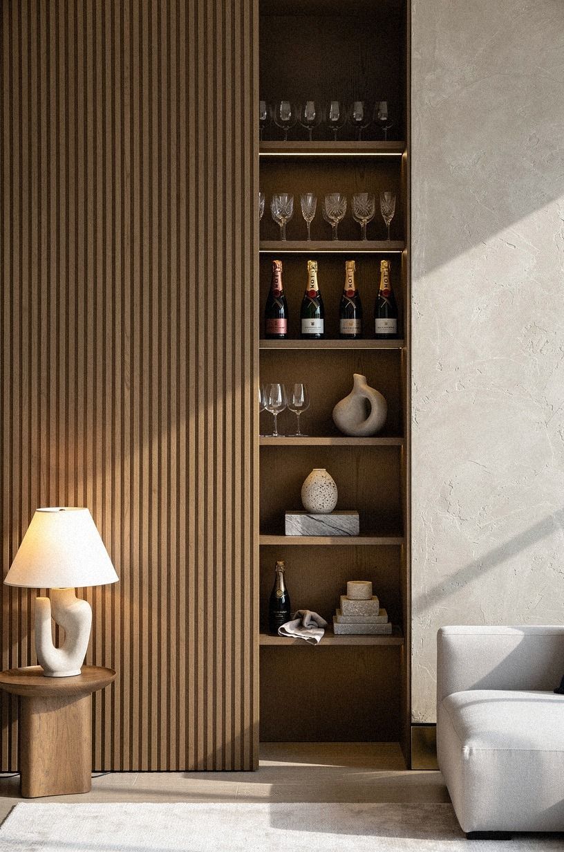 Hide a champagne bar behind fluted oak