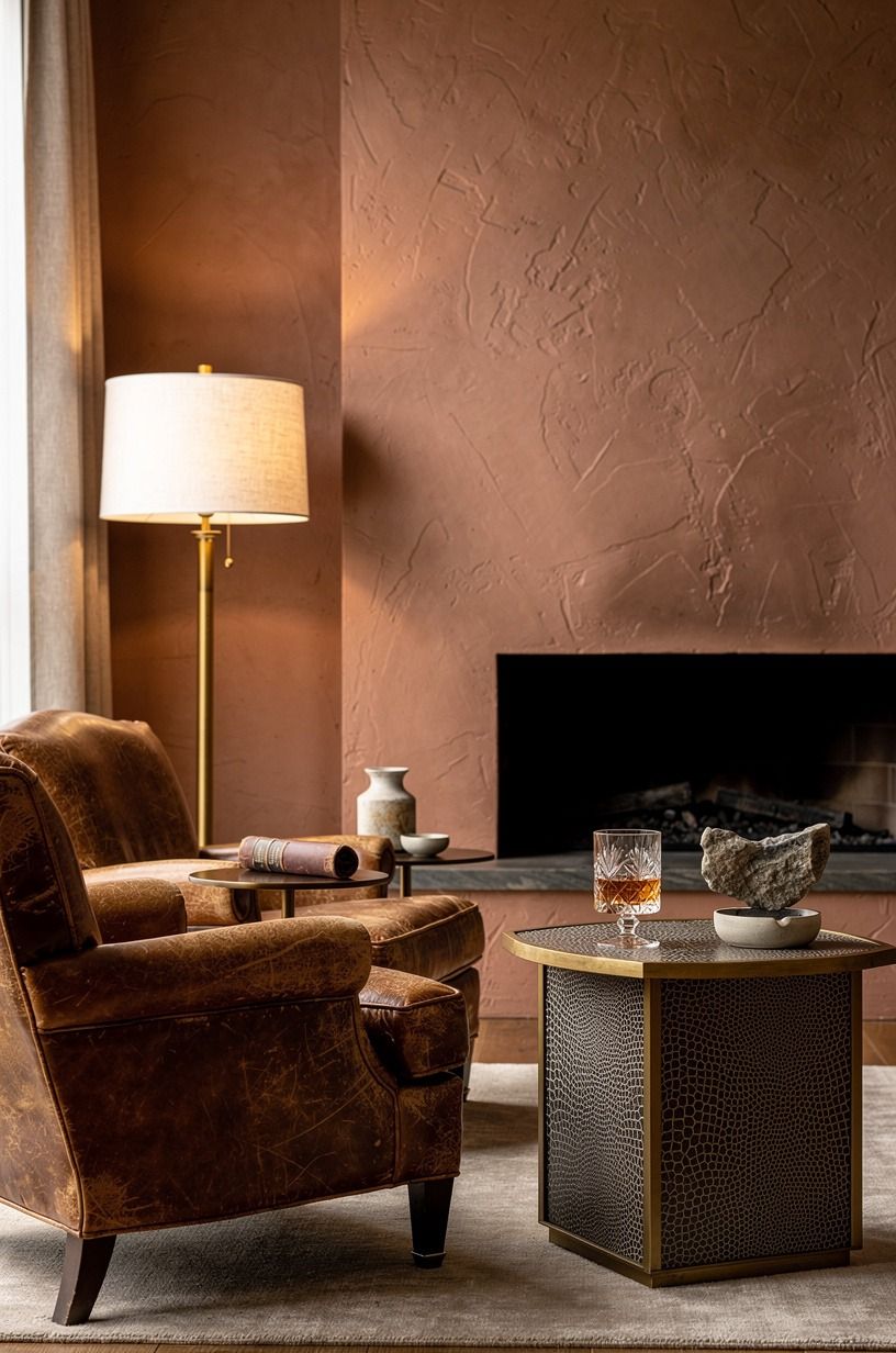 Anchor leather club chairs by the fireplace