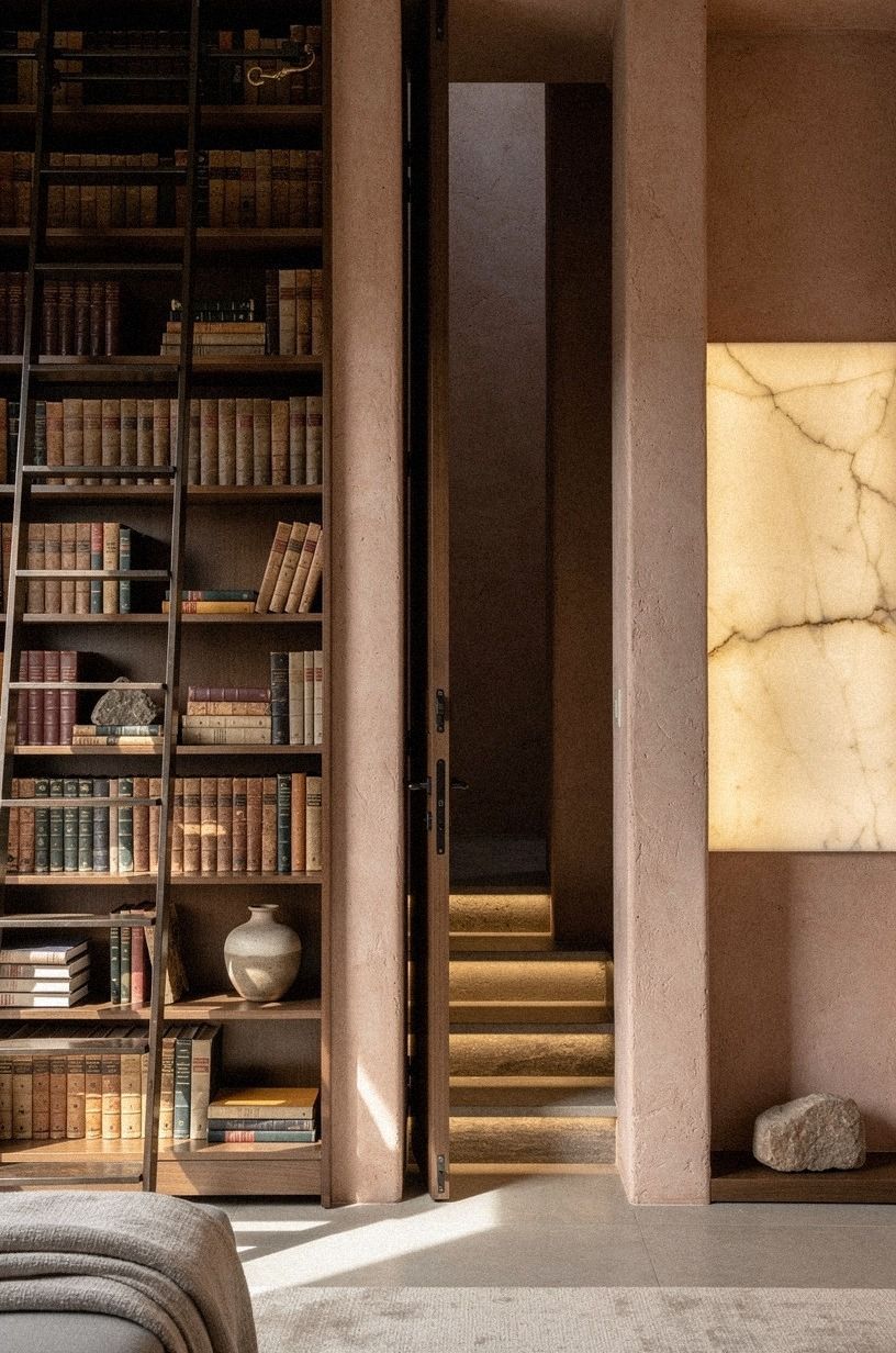 Disguise the passage behind library ladder shelves