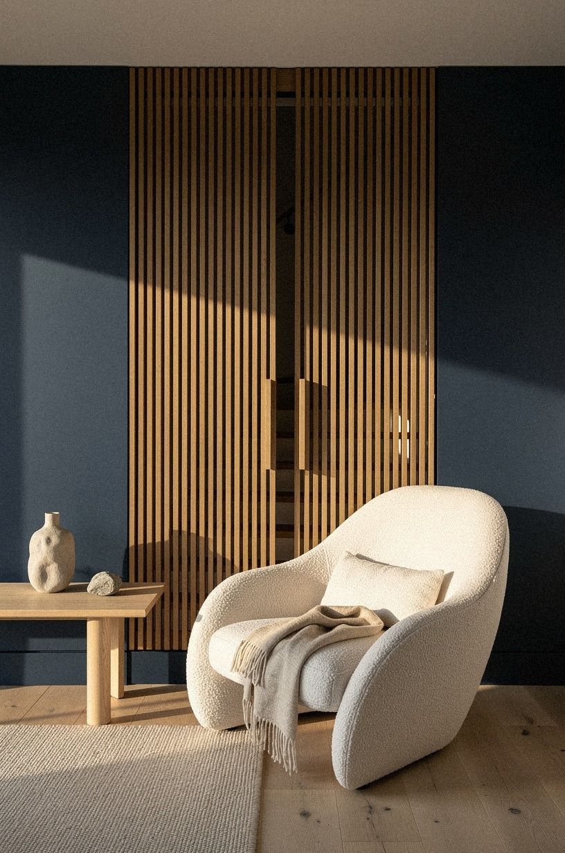 Frame it behind matching fluted wood slats (The Shadow-Line Screen)