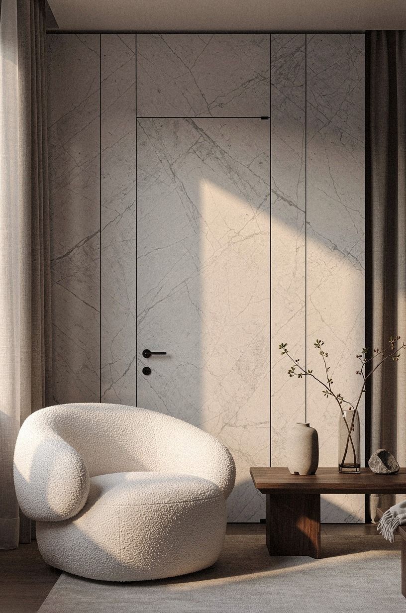 Wrap the door in marble-look wall panels