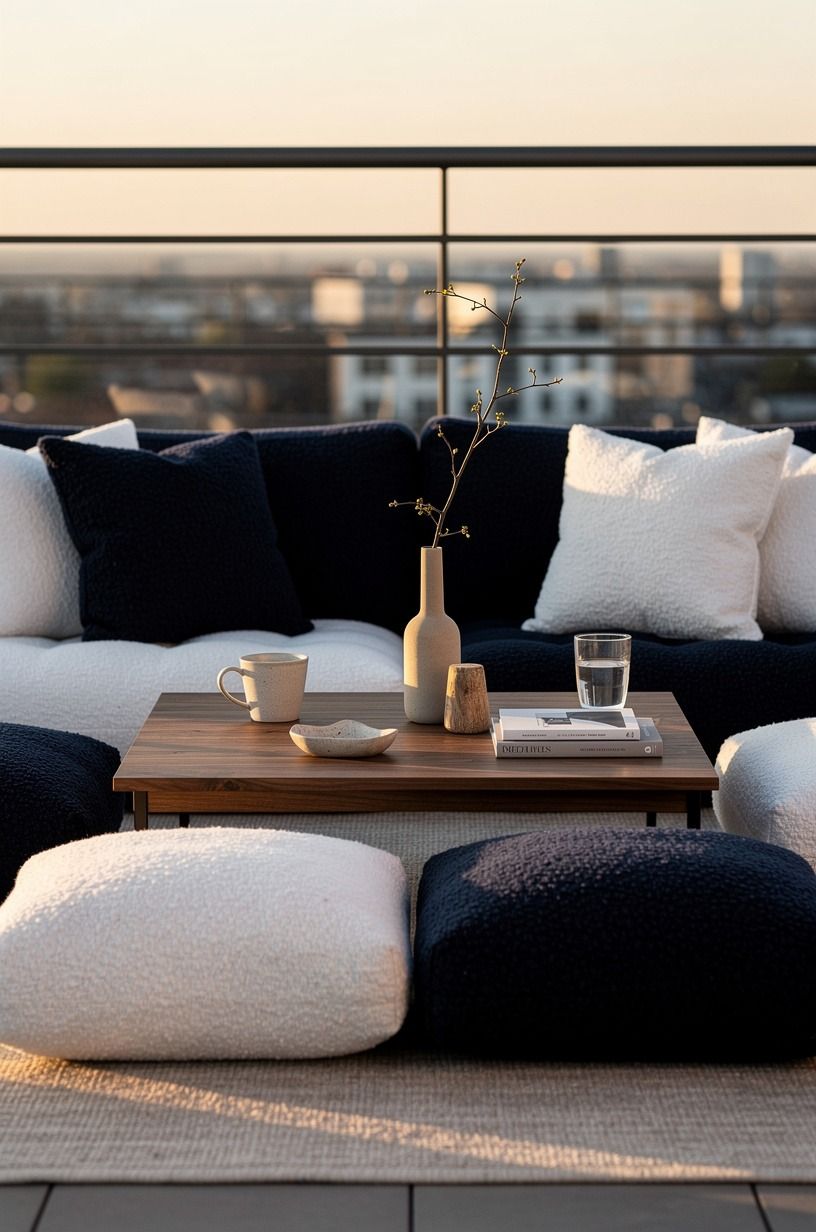 Layer floor cushions around a coffee table