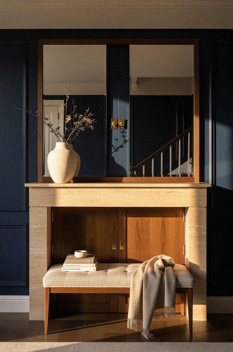 Install a push-latch mirror beside the mantel