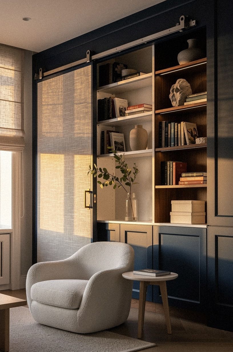 Hang a rolling library door behind built-ins