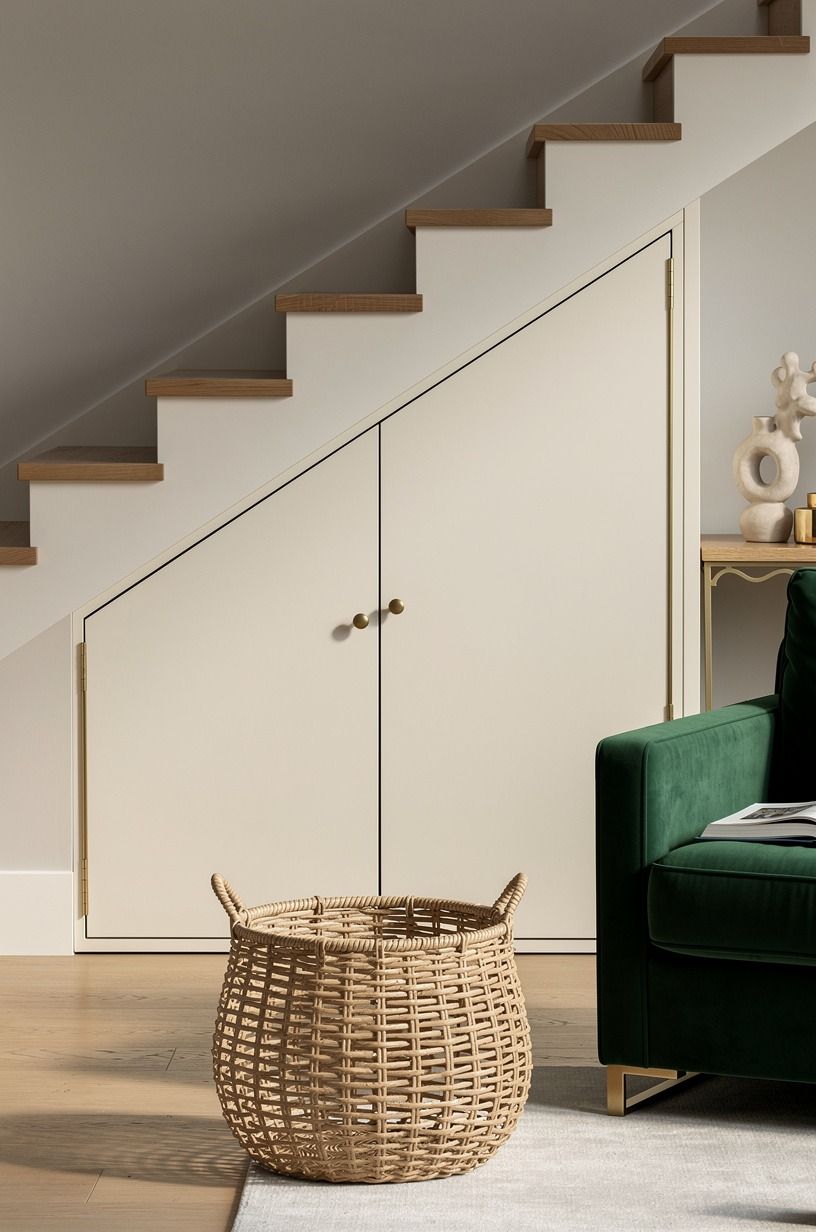 Add push-latch cabinets beneath the staircase
