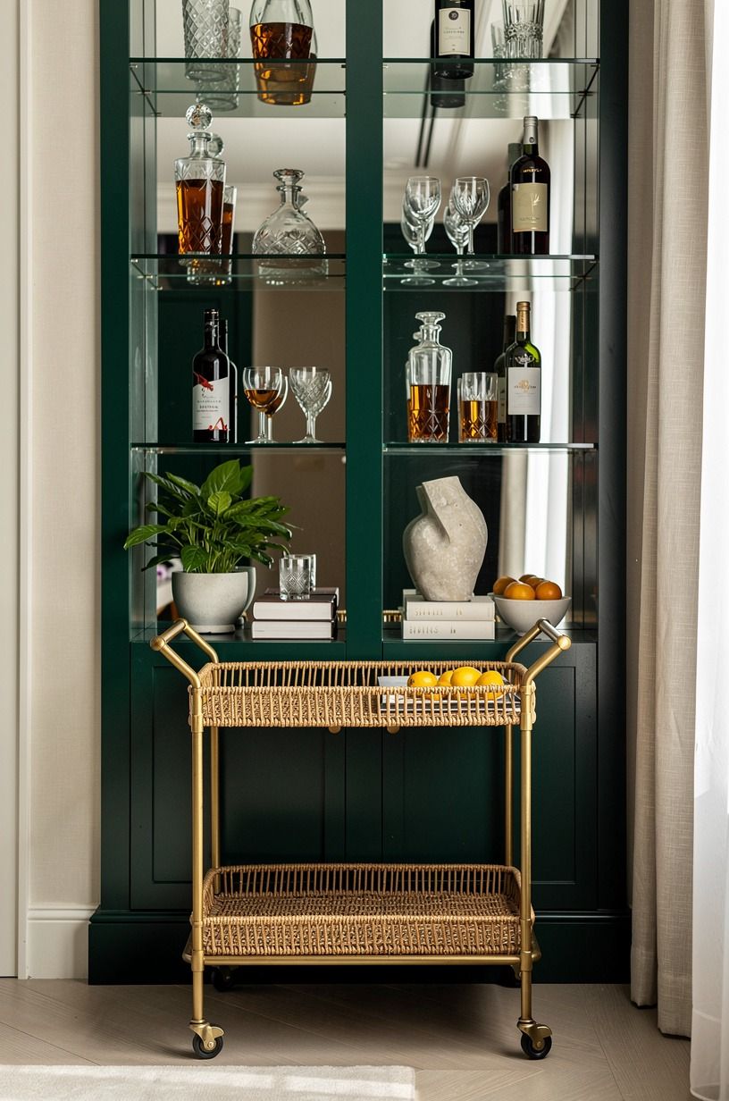 Frame the bar cart with mirrored shelves