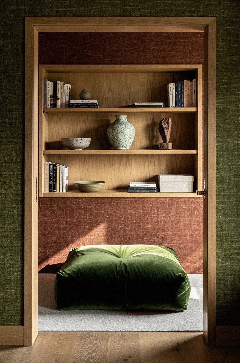 Mix warm grasscloth against oak trim