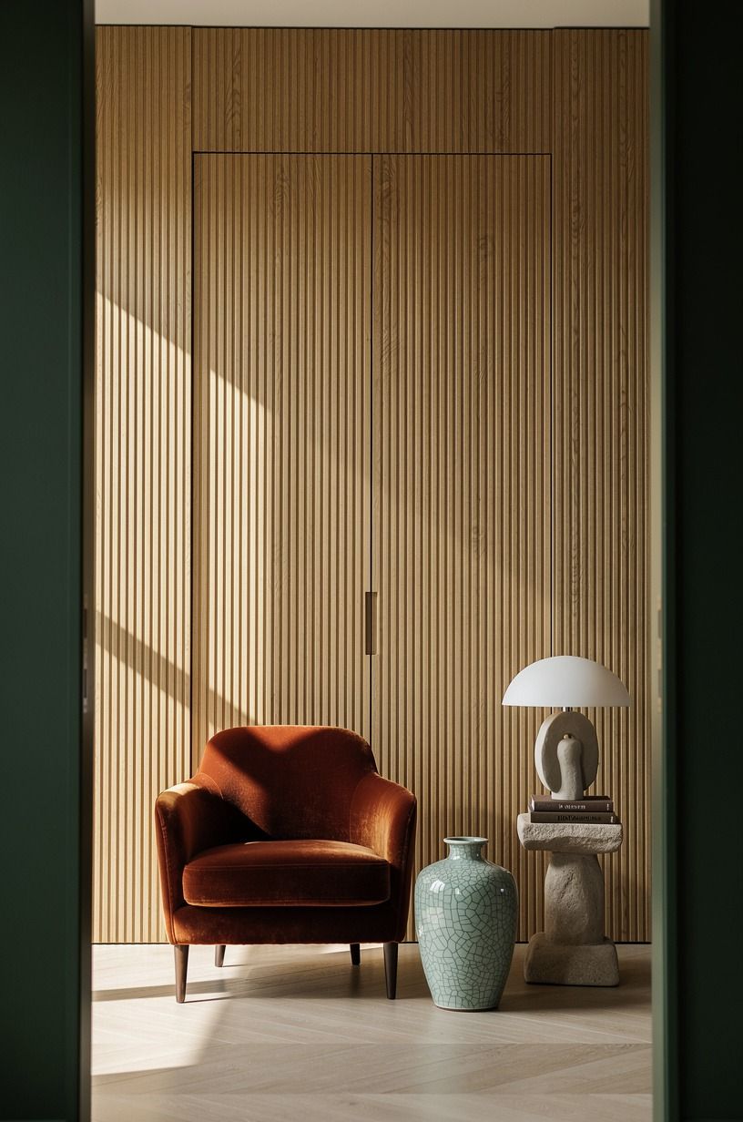 Wrap the door in fluted oak panels