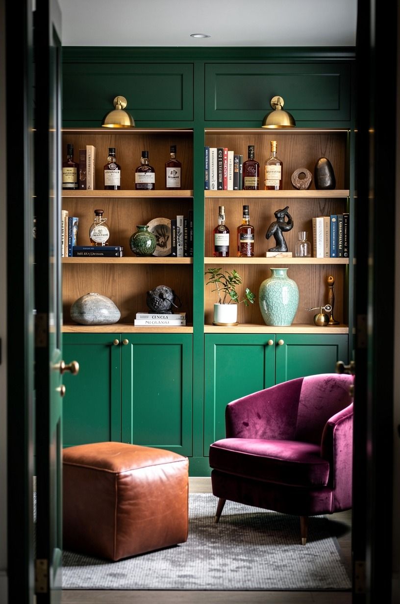 Mount brass picture lights above shelves