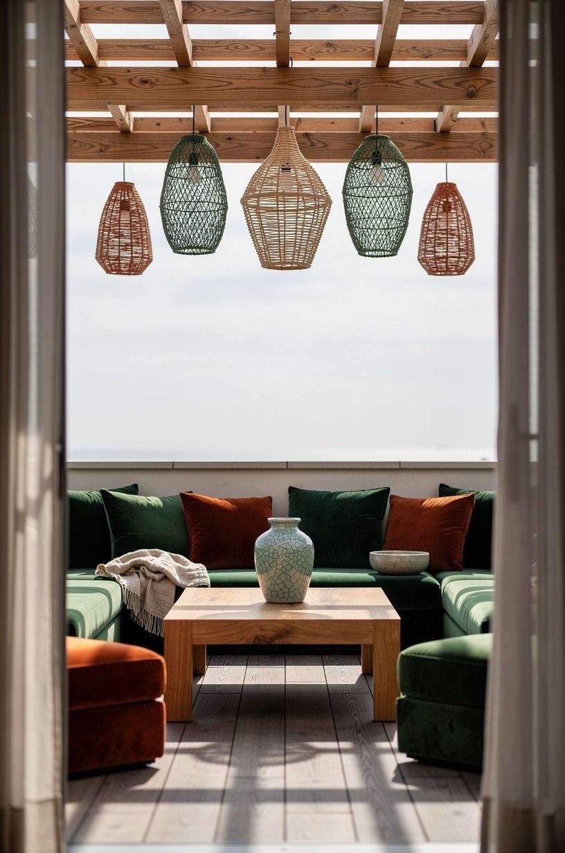 Hang woven pendants from the pergola beams