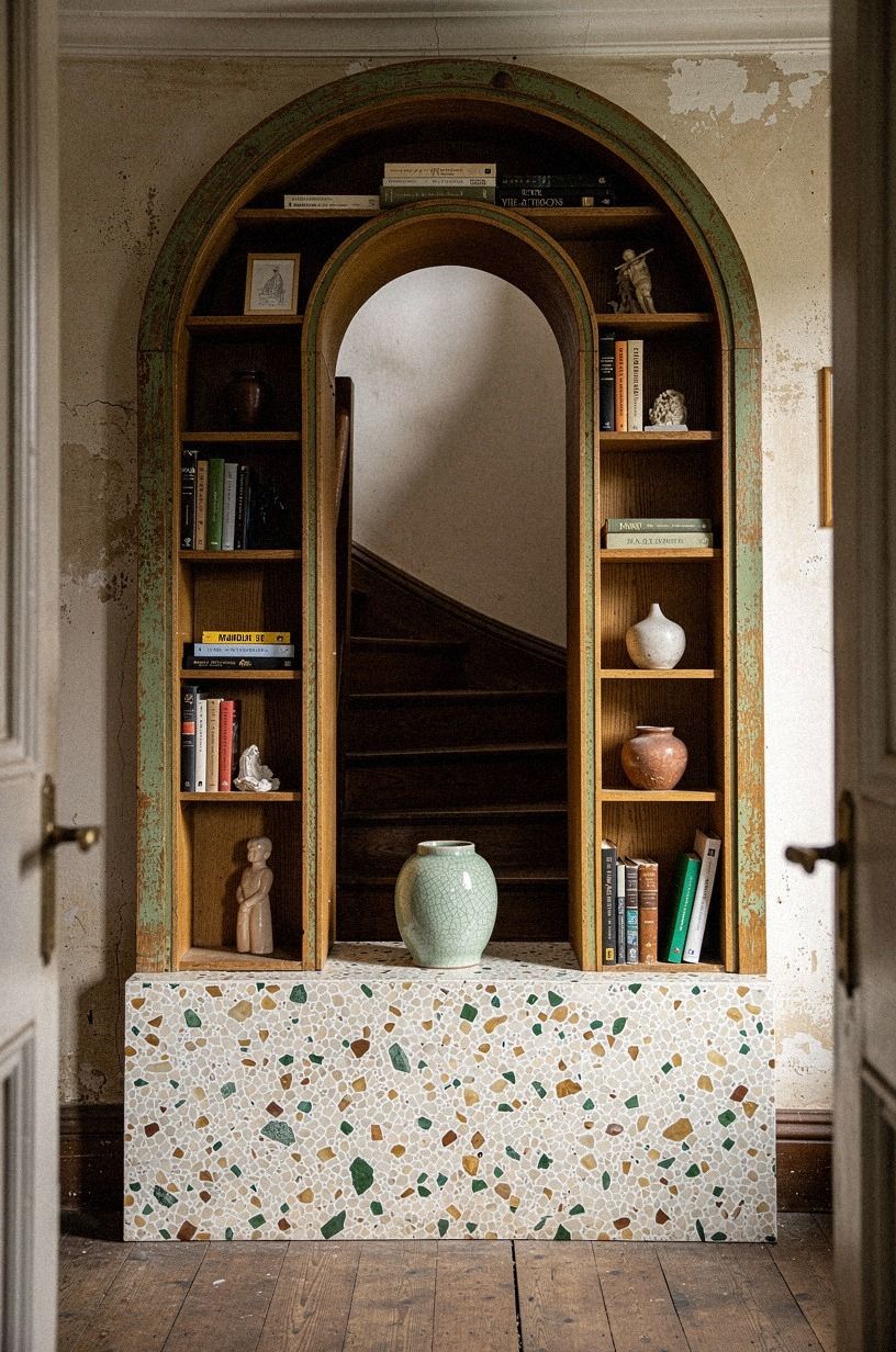 Curve an arched bookcase around the entrance