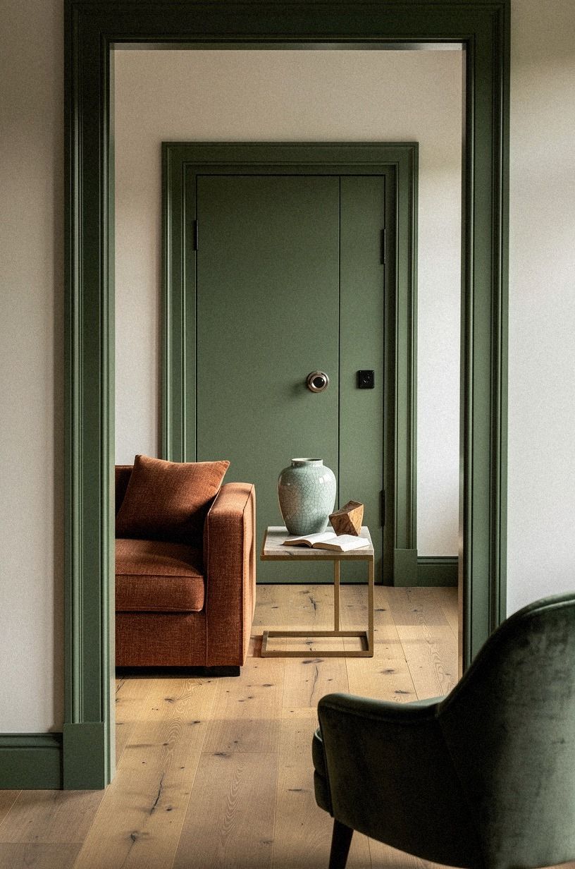 Frame a vault entry with Farrow & Ball Studio Green picture molding