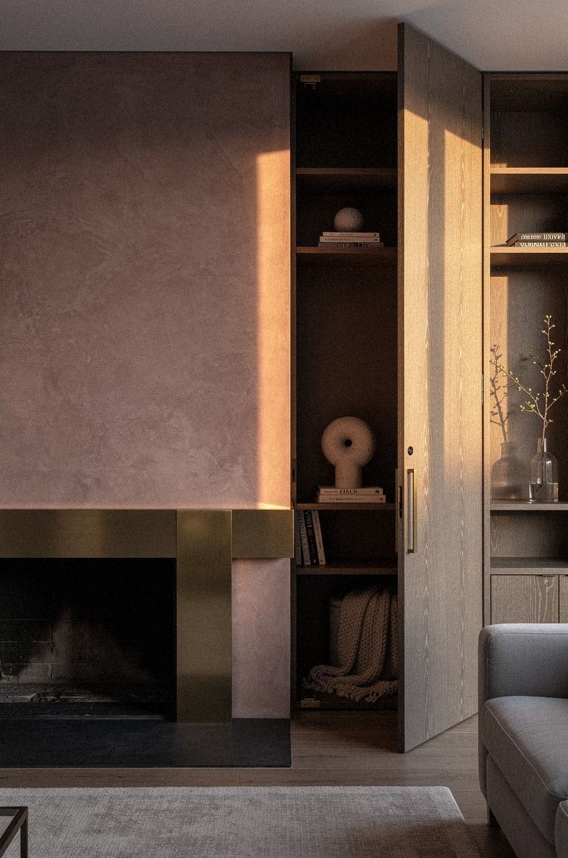 Build a fireplace wall with hidden pivots (The Hearth Pivot Rule)