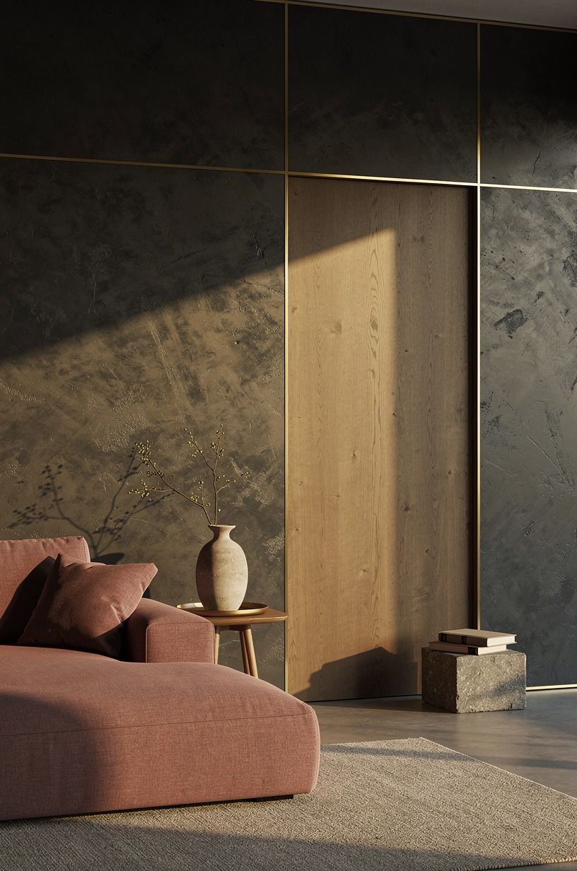 Frame the hidden passage with brass reveal lines