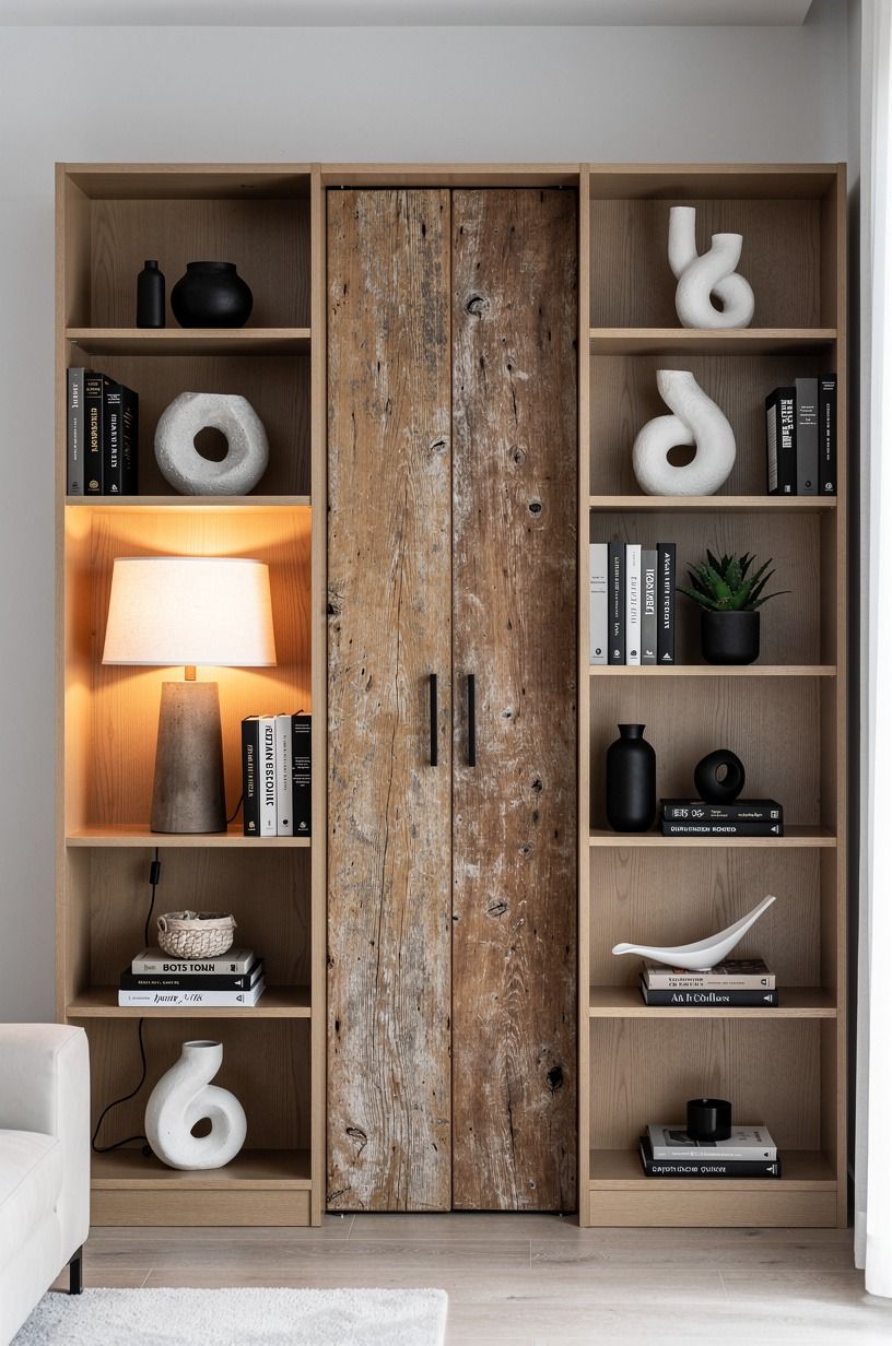 Add a double hidden door behind shelving