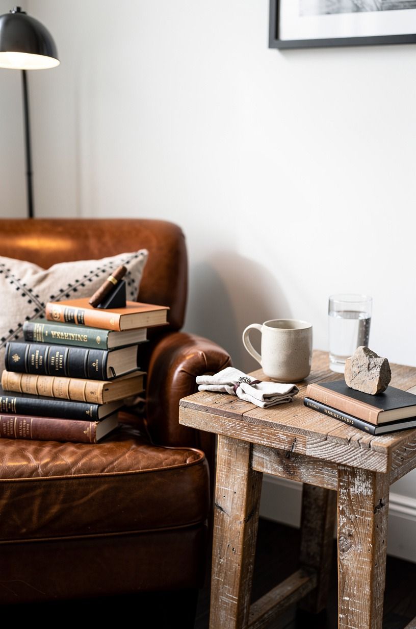 Arrange cigar-brown books by the armchair