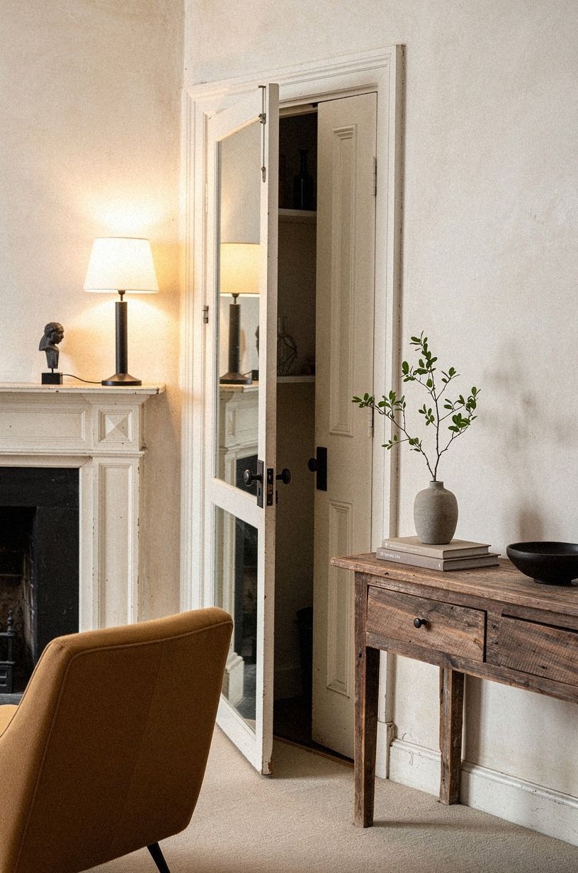 Install a mirror door beside the mantel
