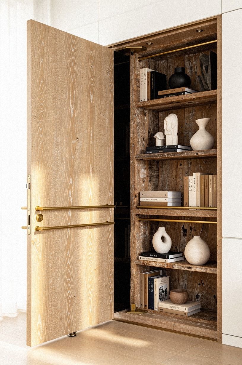 Use brass gallery rails on moving shelves