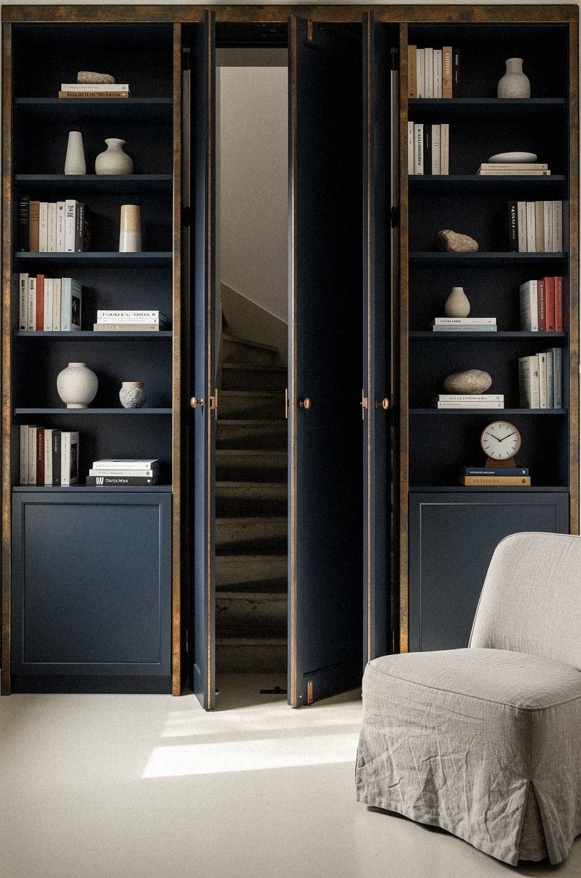 Tuck the door behind sliding library shelves (Move the storage, not the wall)