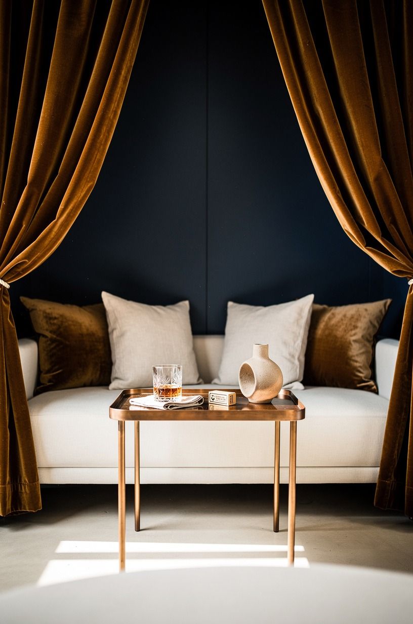 Add cigar-brown velvet drapery