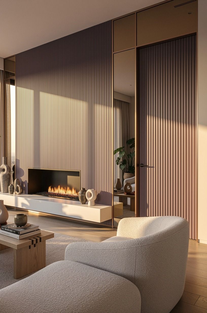 Mirror the fluted wall beside the fireplace