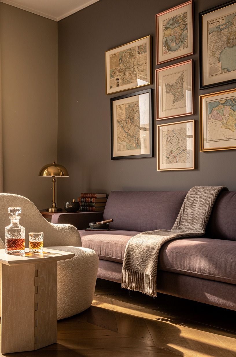 Cluster framed maps above the sofa