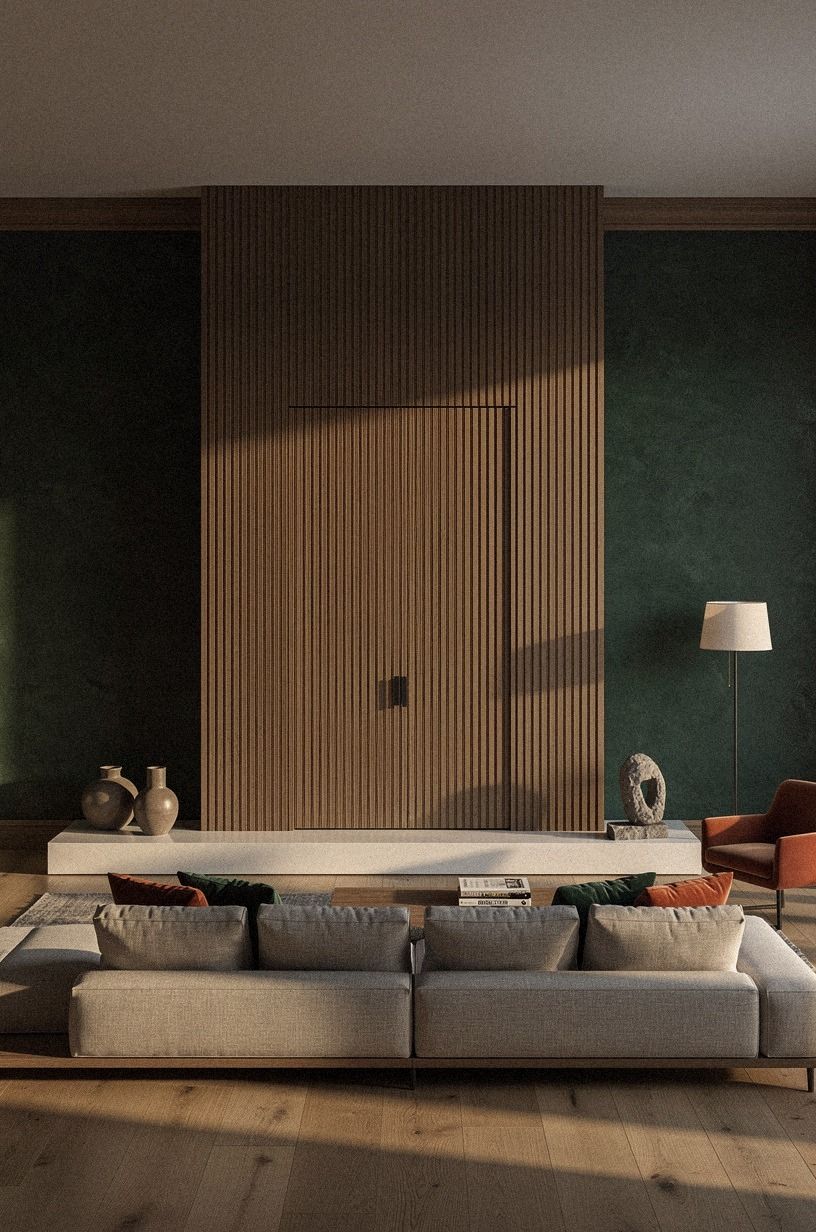 Blend the door into a fluted fireplace wall