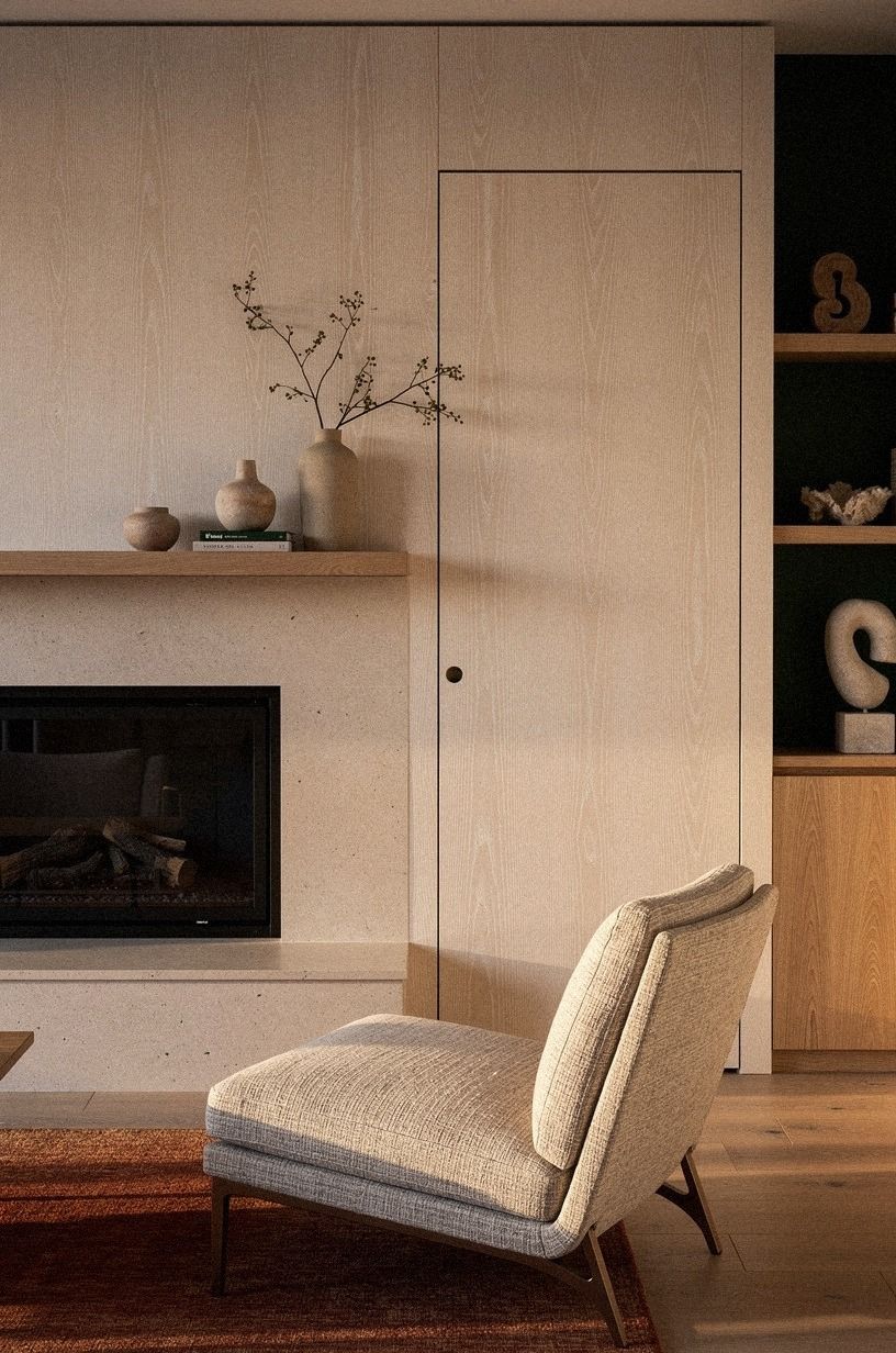 Install a frameless door beside the fireplace
