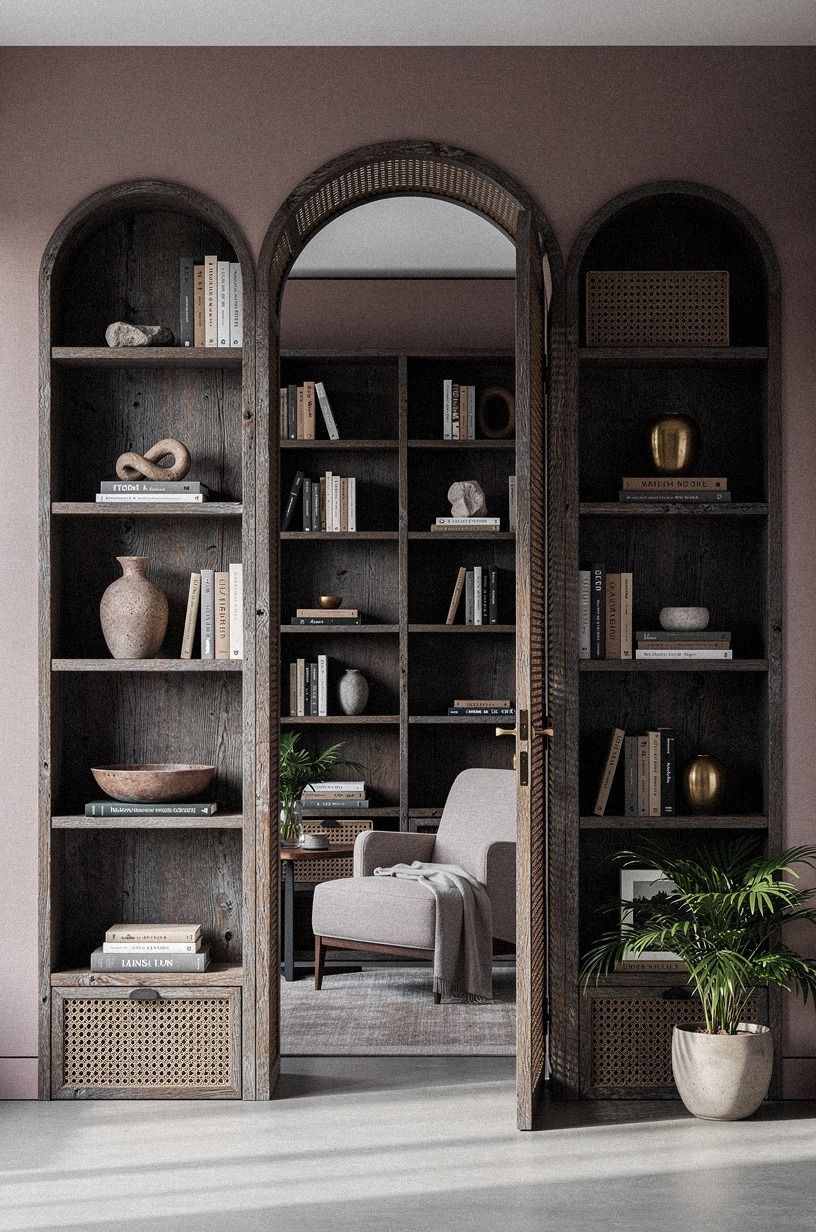 Hide a library alcove behind arched shelving