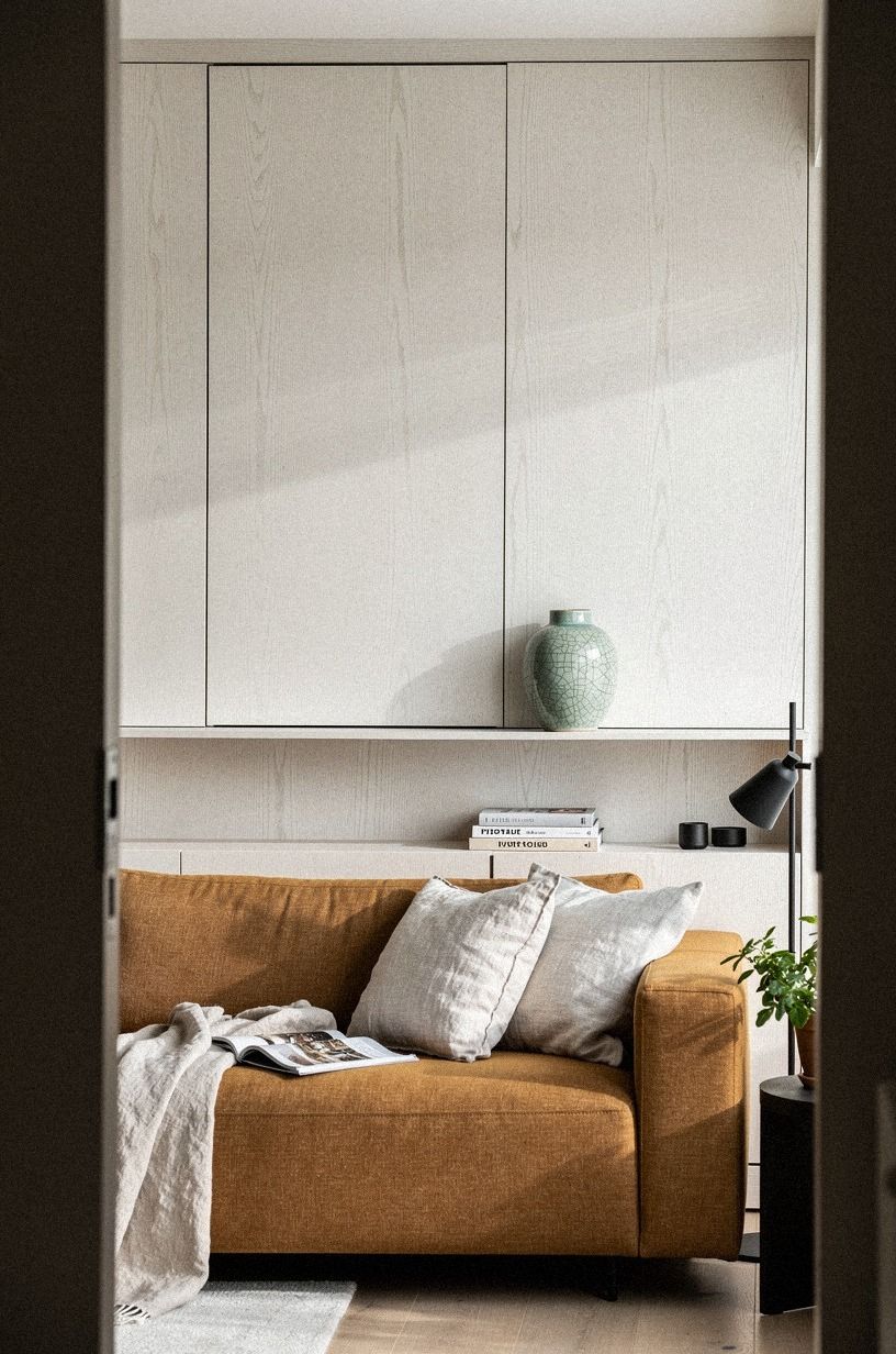 Repeat sofa-wall millwork across the doorway