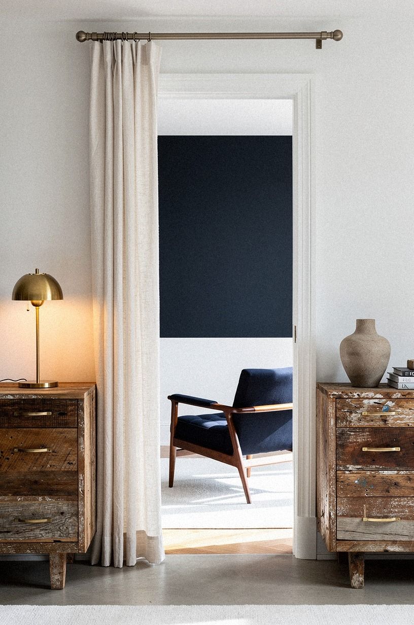 frame the door in a tall curtain rod and a single linen panel