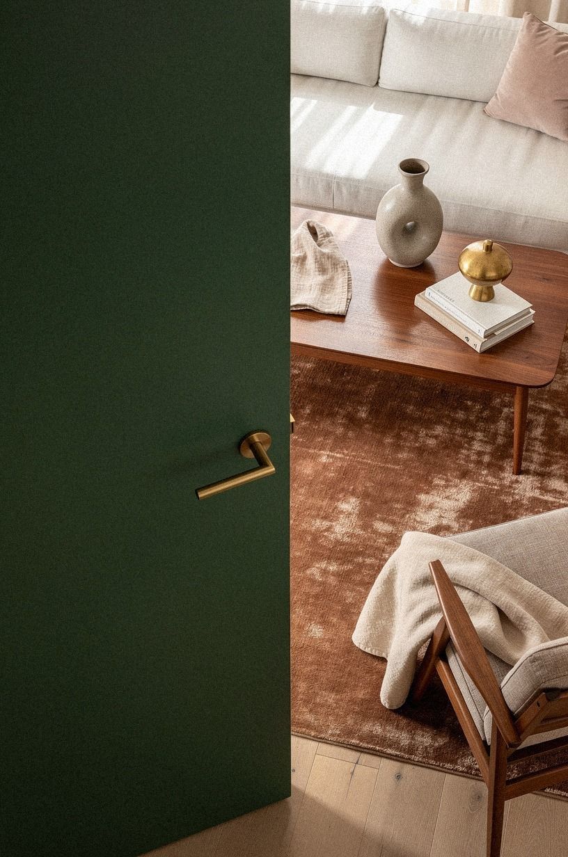 paint the door and the wall the same deep green, then add a thin unlacquered brass lever