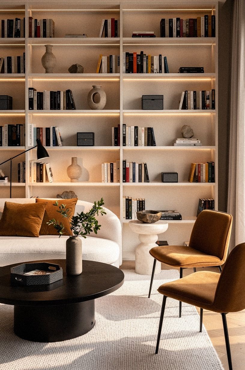 run floor-to-ceiling bookshelves across the whole wall