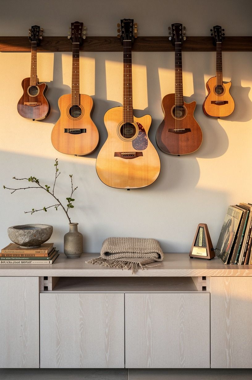 Mount guitars on a walnut peg rail