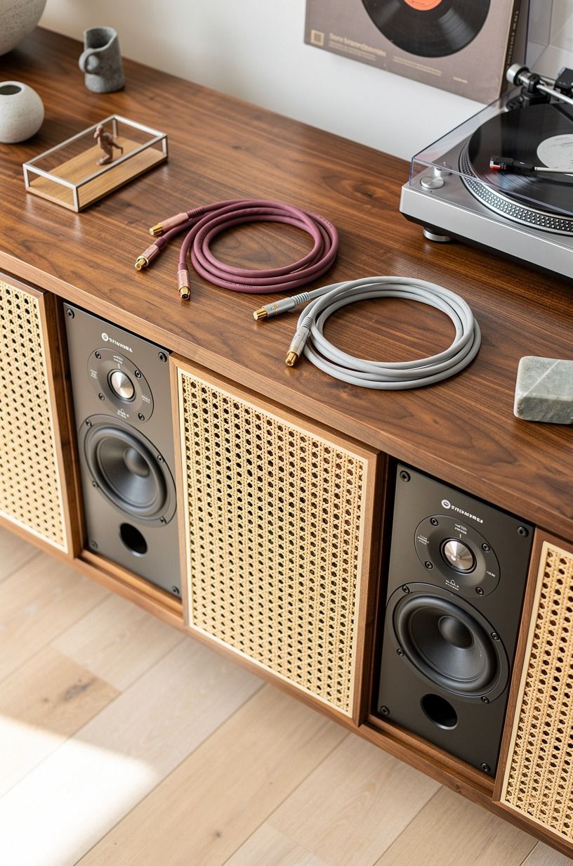 Float speakers inside cane-front cabinets