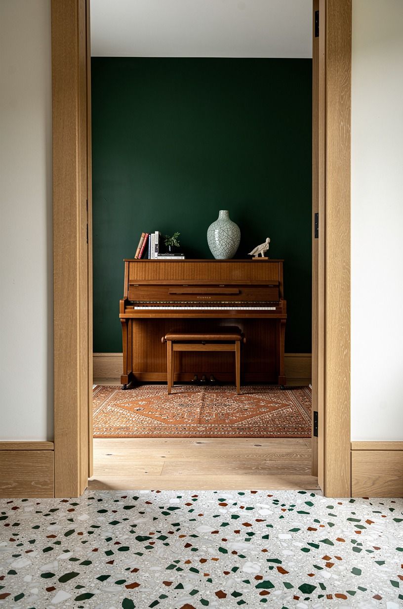 Anchor the piano with a patterned rug