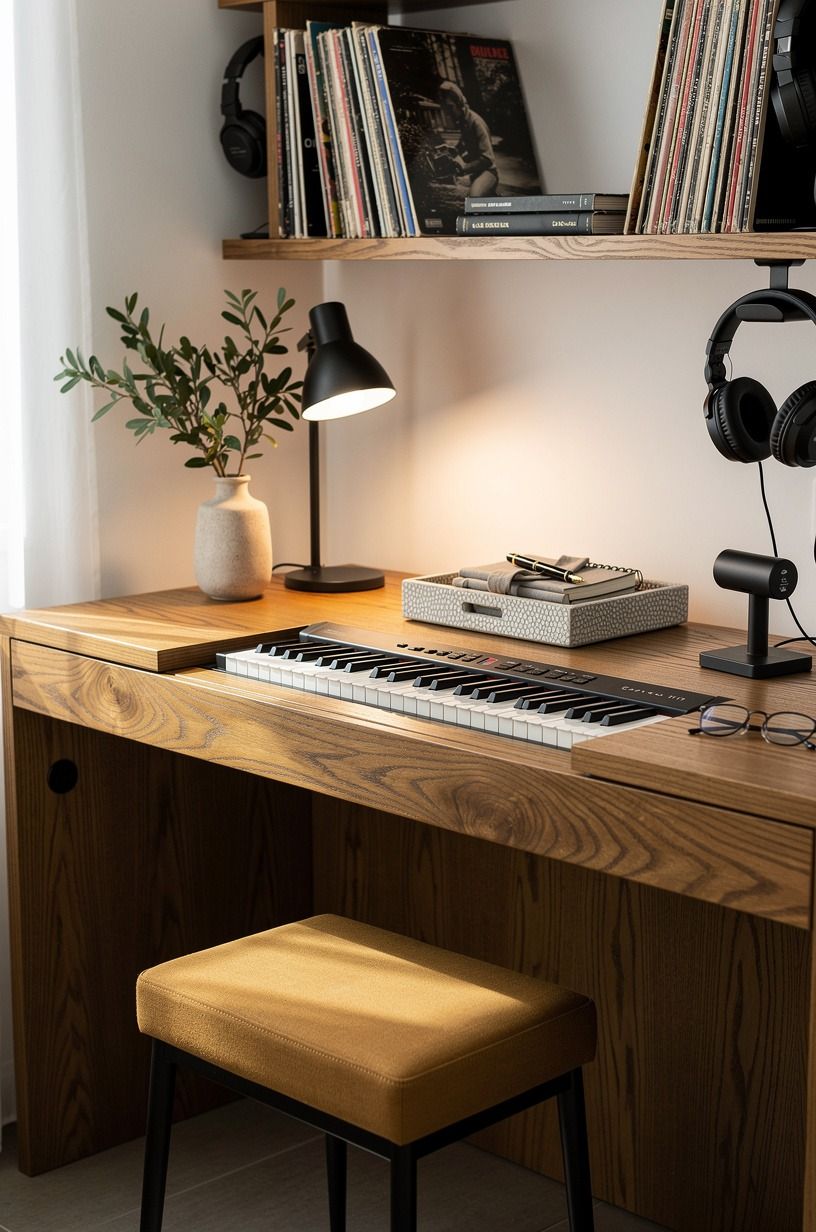 Wrap the keyboard nook in warm wood