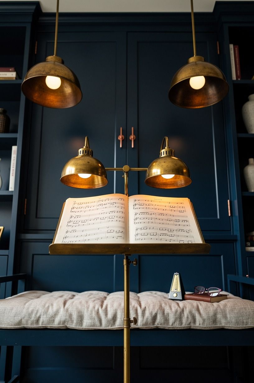 Install brass library lights over sheet music