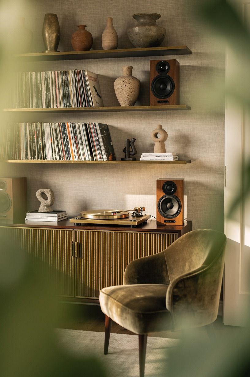 Add a record console below floating shelves