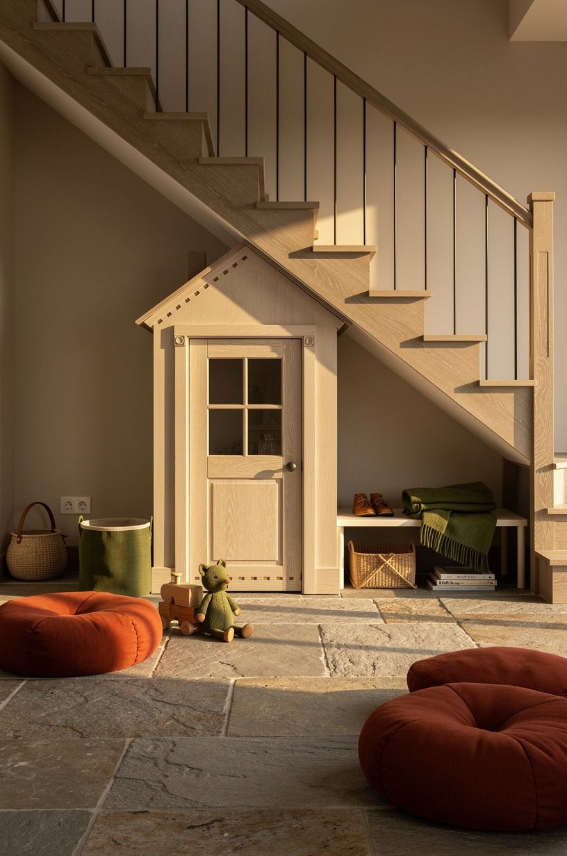 Build a tiny playhouse facade under the stairs