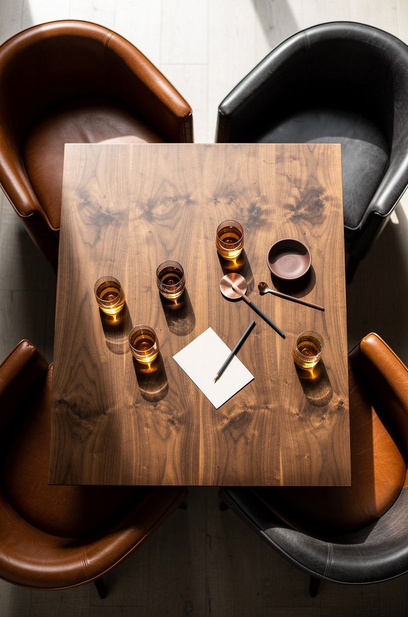 Anchor leather club chairs around a tasting table