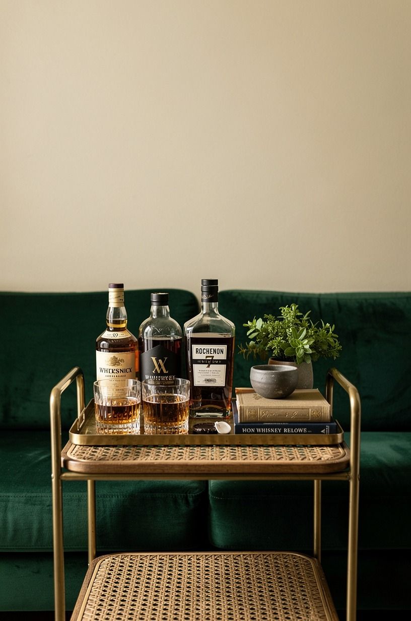 Stack amber coupe glassware on a leather tray