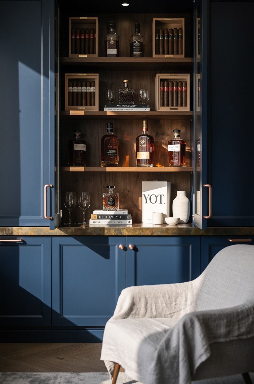 Layer a Spanish cedar humidor beside the decanters