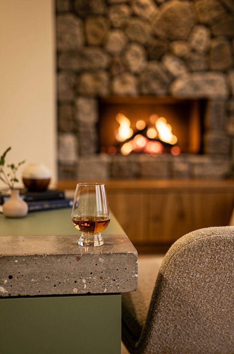 Add a stone fireplace behind the seating